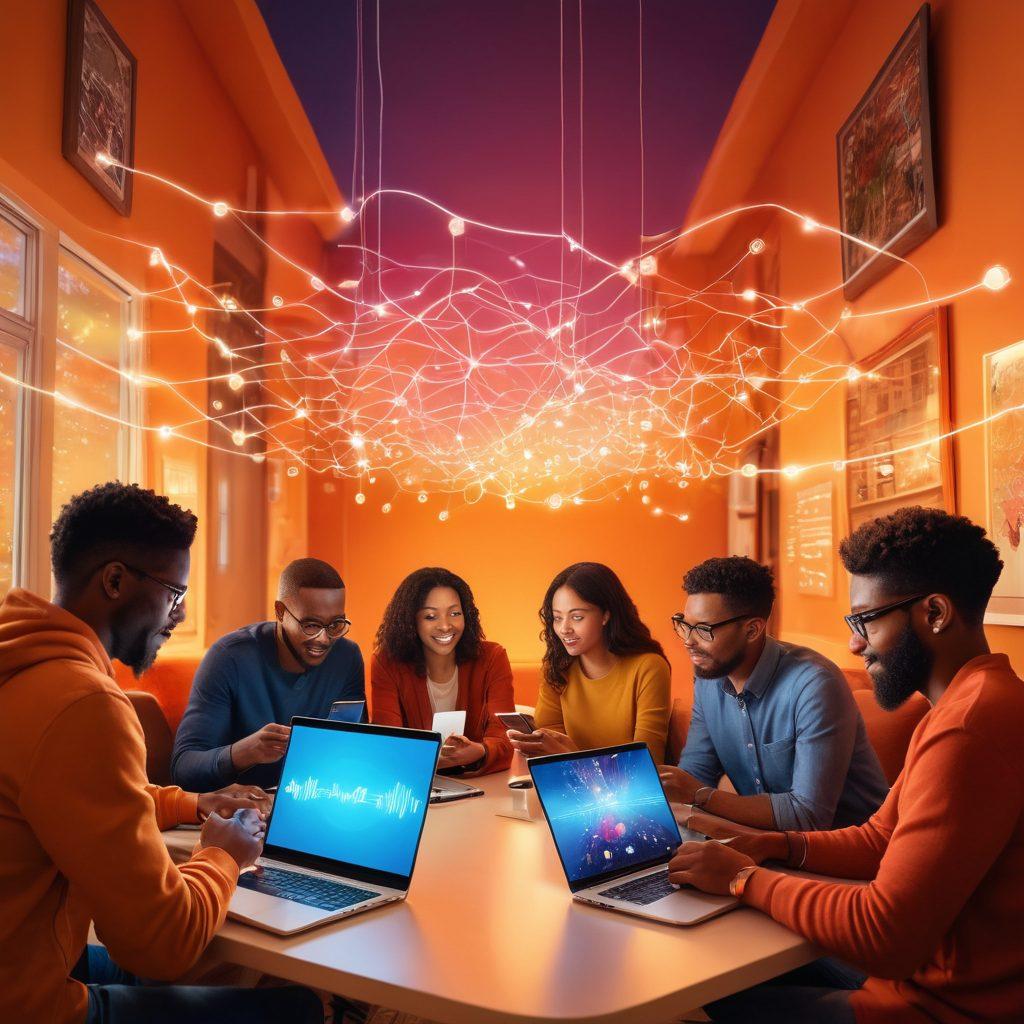A vibrant community gathering with diverse technology enthusiasts passionately discussing wireless networking. In the background, visual representations of connected devices, such as smartphones and laptops, emanate glowing signals symbolizing unity and love. Warm, inviting tones create a sense of connection and enthusiasm among the people. super-realistic. vibrant colors. warm background.