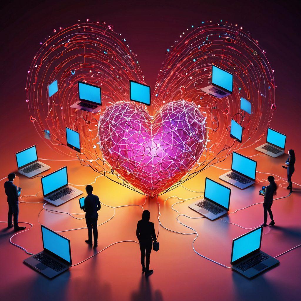 A heart-shaped network of interconnected devices, with vibrant open-source code floating around, symbolizing love and technology merging together. Soft warm colors emanate from the devices, creating a cozy atmosphere, while digital lines and circuits intertwine to form the shape of a heart. In the background, silhouettes of couples using technology to connect with each other can be seen. super-realistic. vibrant colors. 3D.