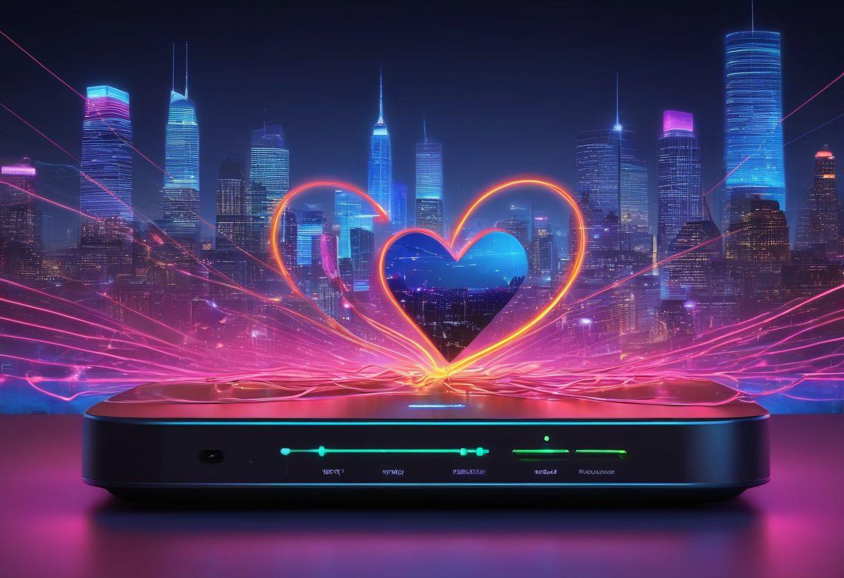 A split-scene illustration depicting a whimsical router surrounded by heart-shaped signals, on one side, and a couple connecting via technology on the other, immersed in digital devices like smartphones and laptops. The backdrop features a city skyline glowing with neon lights representing connectivity. Vivid colors reflecting warmth and romance intermingle with tech aesthetics. super-realistic. vibrant colors. 3D.